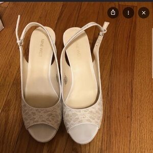 Nine West Cream Lace Slingback Heels with Gold Buckle